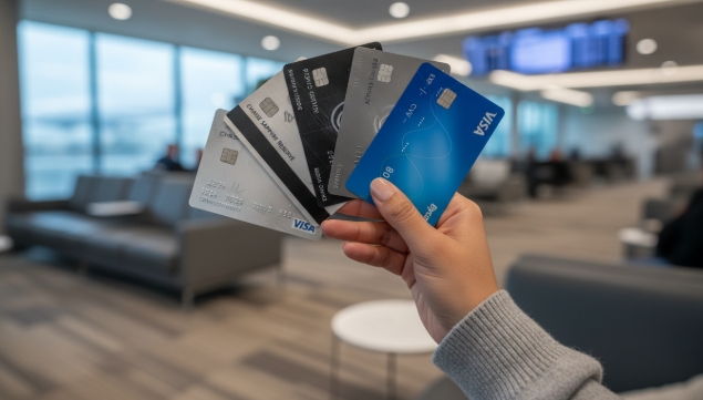 Person holding multiple travel cards for travel rewards
