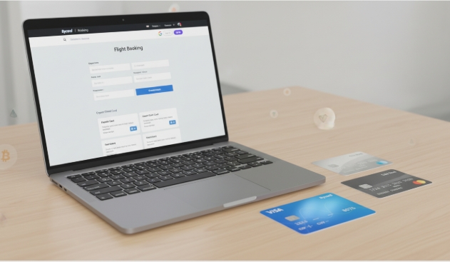 Laptop displaying flight booking page with credit cards beside it