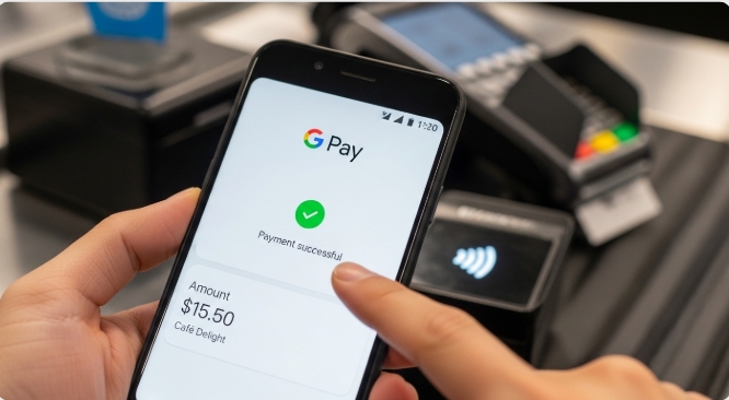 Smartphone displaying Google Pay contactless payment screen Smartphone displaying Google Pay contactless payment screen