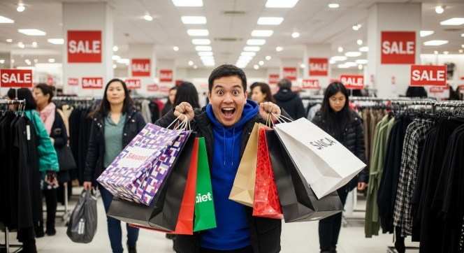 Person looking excited while shopping triggering overspend Person looking excited while shopping triggering overspend