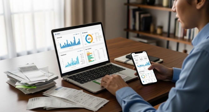 A person reviewing expenses to redirect bills through smart spending cuts A person reviewing expenses to redirect bills through smart spending cuts