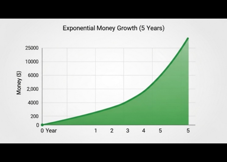 Line chart showing exponential growth of money over five years.