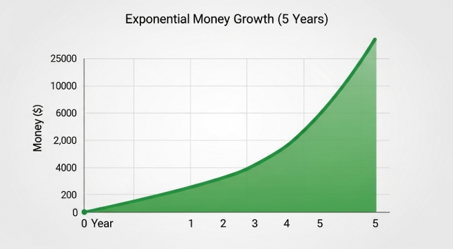 Line chart showing exponential growth of money over five years. Line chart showing exponential growth of money over five years.