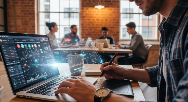 Freelancer managing payments using stablecoin on a laptop