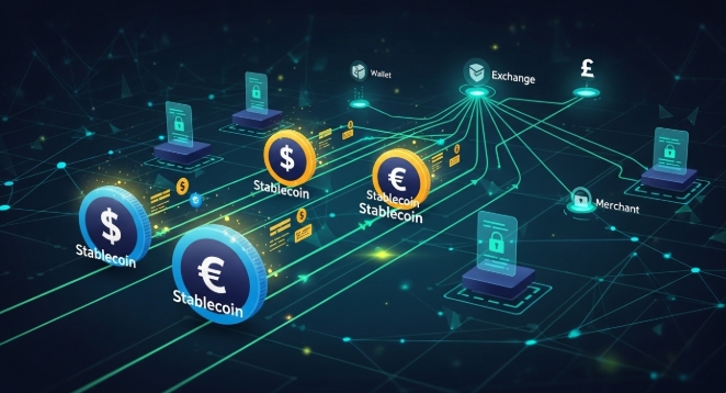 Illustration representing stablecoin transactions on a blockchain network