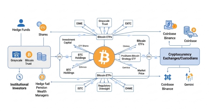 Diagram of Bitcoin ETFs linking institutional investors to cryptocurrency. Diagram of Bitcoin ETFs linking institutional investors to cryptocurrency.