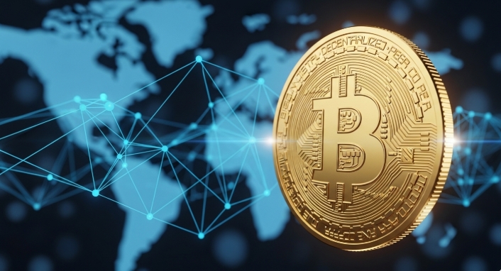 digital currency on a digital network background.