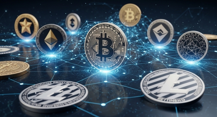Cryptocurrency digital coins connected through blockchain