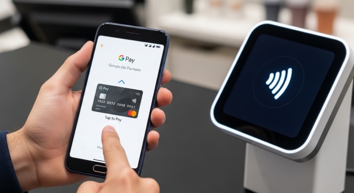 person using contactless payment using Google Pay