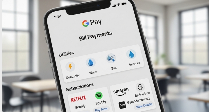 Google Pay bill payment section showing utilities and subscriptions