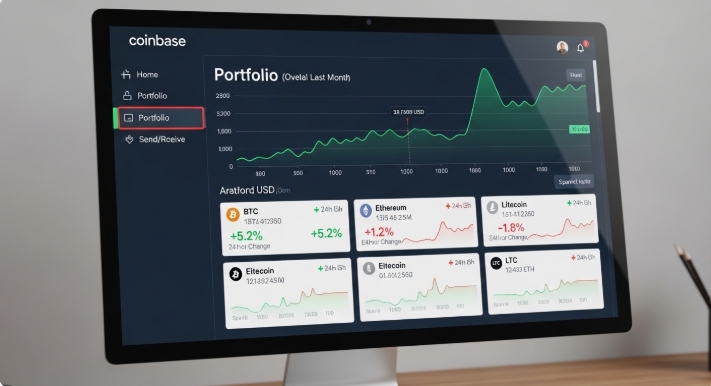 Coinbase dashboard showing crypto portfolio and balances