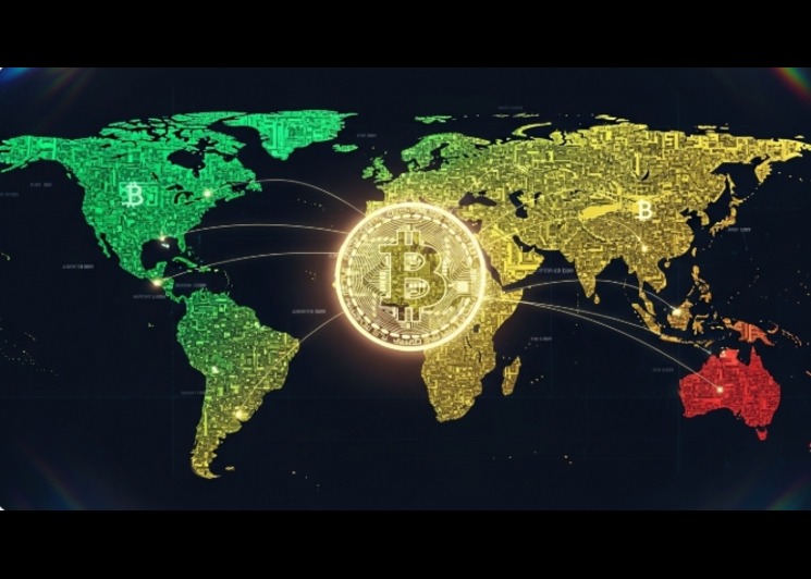 Global map depicting coordinated cryptocurrency regulations impacting Bitcoin