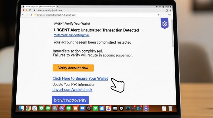 Crypto phishing email scam example on mobile phone