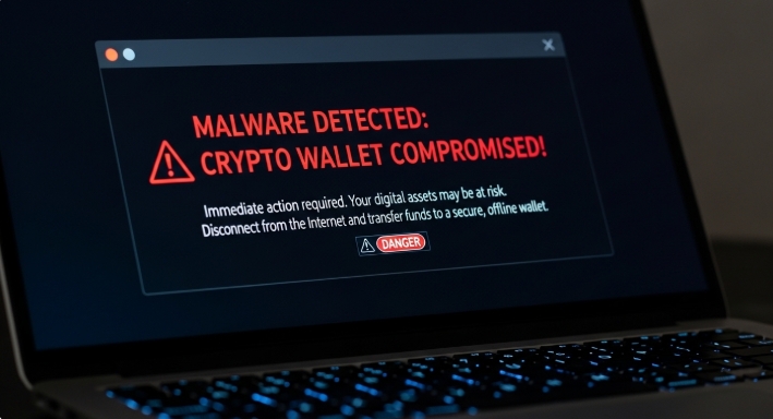 Crypto wallet malware attack warning on laptop