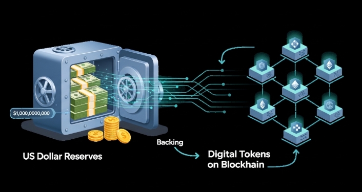 Visual diagram showing dollar reserves backing stablecoins on blockchain Visual diagram showing dollar reserves backing stablecoins on blockchain