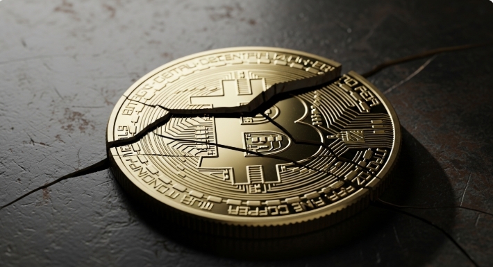 Cracked Bitcoin symbolizing structural weaknesses Cracked Bitcoin symbolizing structural weaknesses