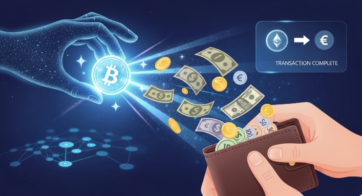 illustration of converting crypto into local currency for spending illustration of converting crypto into local currency for spending