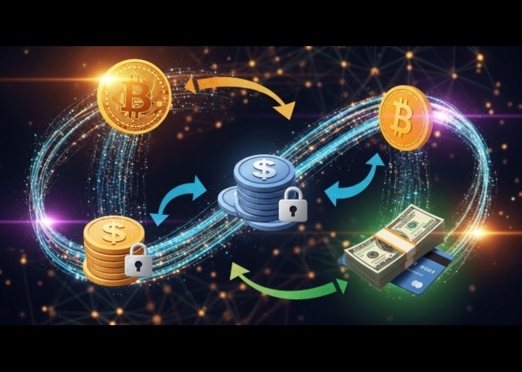 illustration of money flowing between Bitcoin and stablecoins