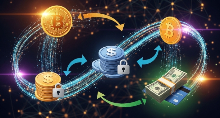 illustration of money flowing between Bitcoin and stablecoins illustration of money flowing between Bitcoin and stablecoins