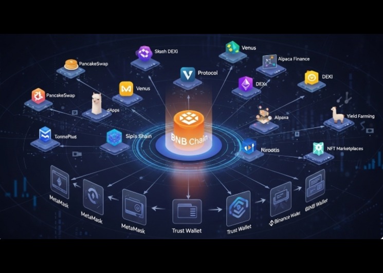Visual showing DeFi platforms, wallets, and applications built on BNB Chain