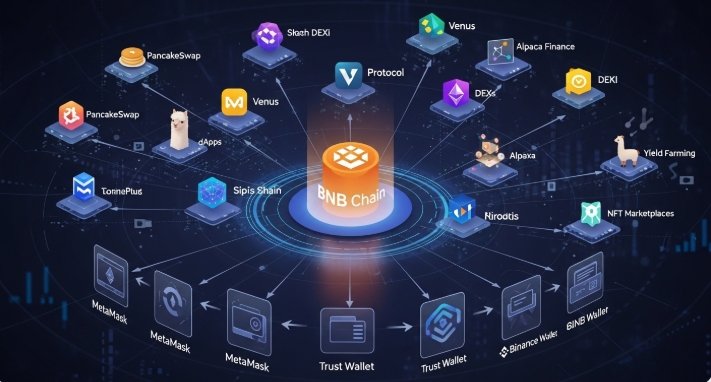 Visual showing DeFi platforms, wallets, and applications built on BNB Chain