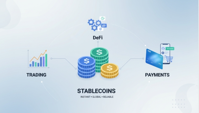 Graphic showing stablecoins used for trading, DeFi, and payments
