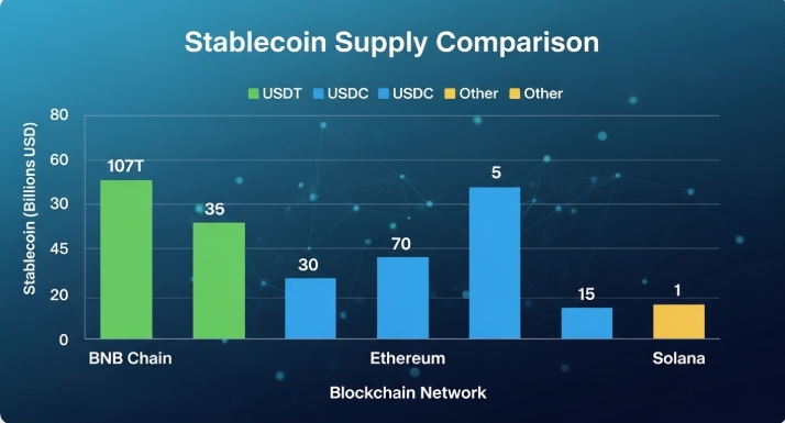 Stablecoin supply comparison across BNB Chain, Ethereum, and Solana