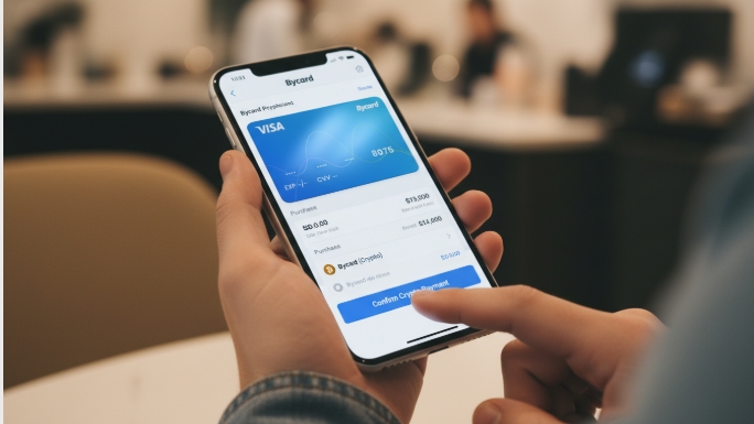 Person using a Bycard virtual card to make a crypto payment Person using a Bycard virtual card to make a crypto payment