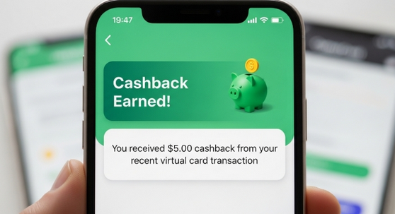 Mobile alert showing cashback earned from a virtual card transaction