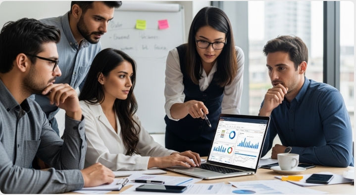 SME team reviewing business expenses on a laptop dashboard