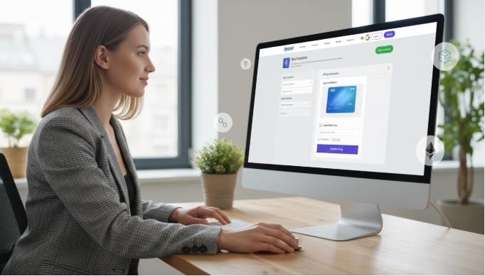 Person completing an online payment using a virtual cards for subscription