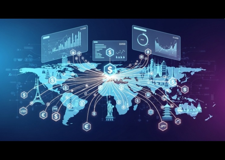 Illustration of money moving across countries using stablecoin technology