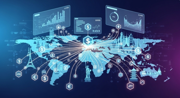 Illustration of money moving across countries using stablecoin technology