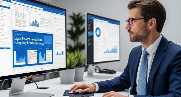 Business professional reviewing digital finance regulations on a screen