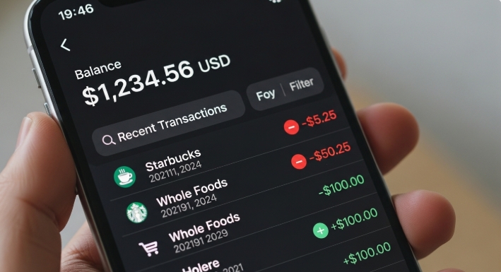 Digital wallet interface showing balances and transactions