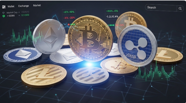 Cryptocurrency coins displayed on a digital interface