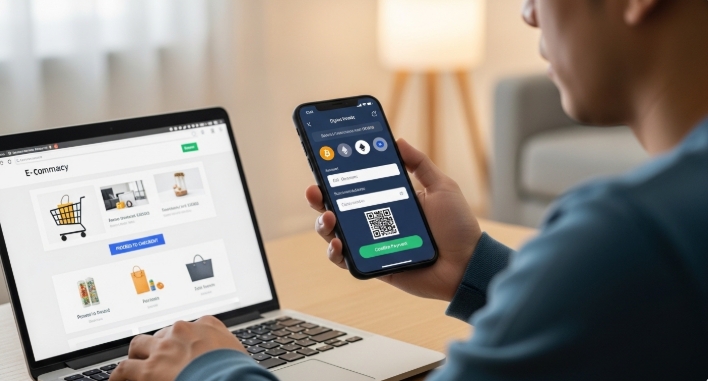 Person making a crypto payment online using a digital wallet
