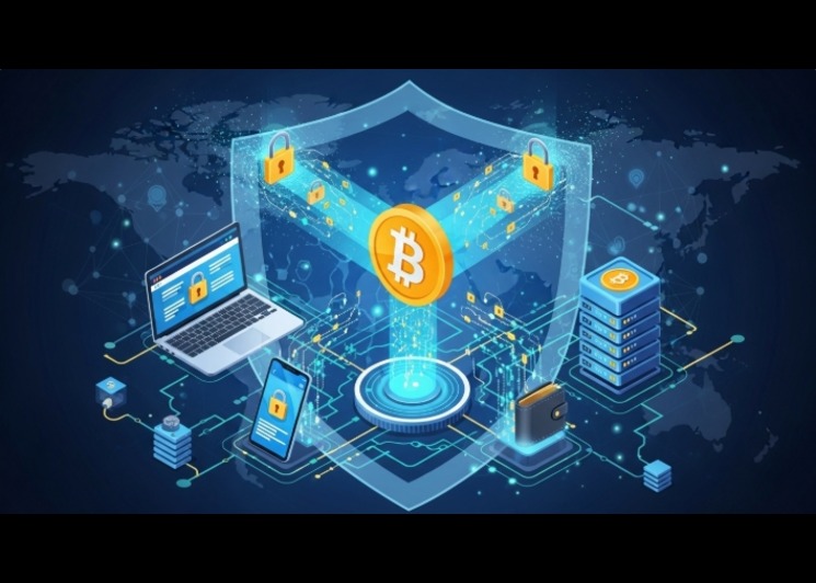 Illustration of secure and encrypted Bitcoin payment process