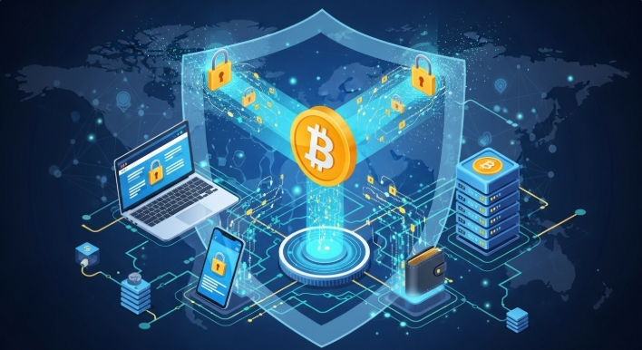 Illustration of secure and encrypted Bitcoin payment process