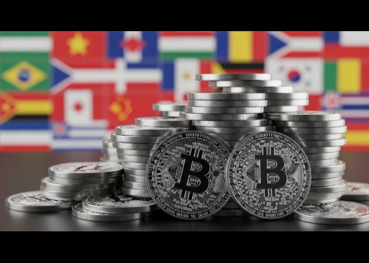 Stacks of digital coins with international flags in the background