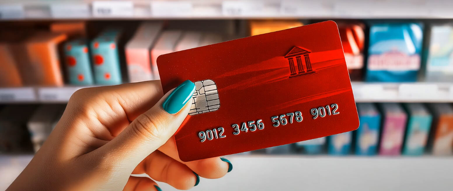 Hand with teal nails holding a red credit card with a chip in a store aisle or shop shelf backdrop.