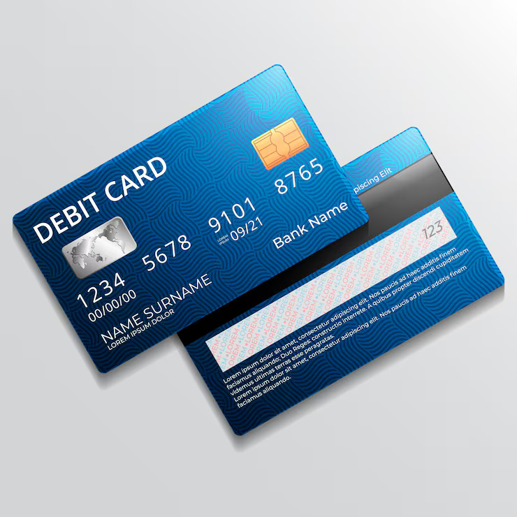 Two blue patterned debit cards overlap on a light gray background, one showing a chip and the label DEBIT CARD with sample numbers and name.