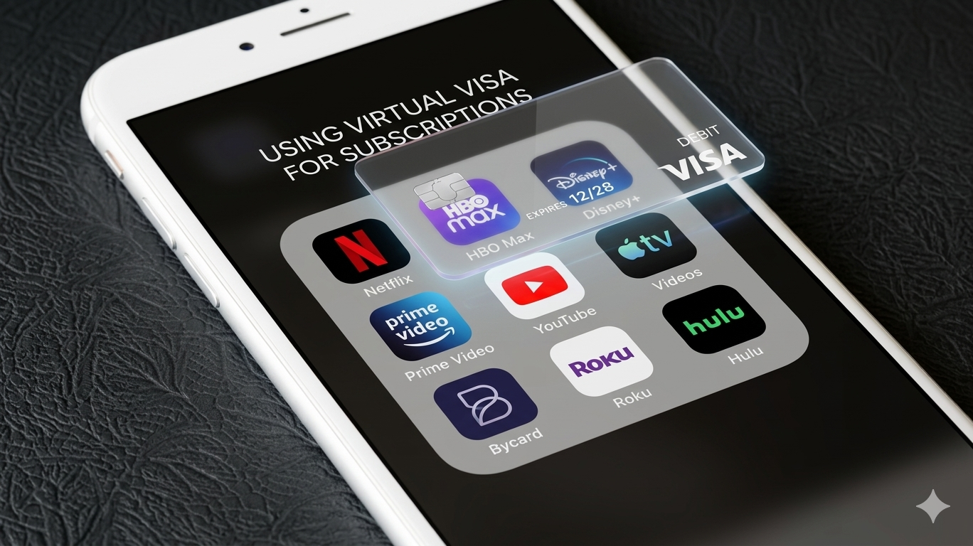 How to use tremendous virtual Visa card - Bycard Phone screen shows a folder of streaming apps with a translucent 'DEBIT VISA' card overlay and the text 'Using virtual VISA for subscriptions'.